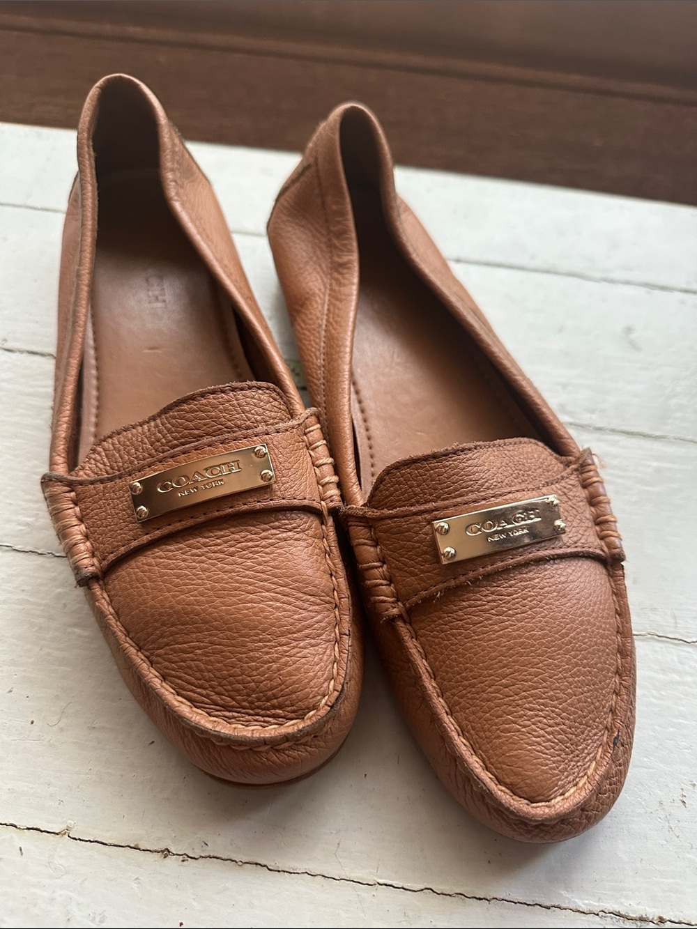 Coach Tan Leather Logo Plaque Loafers